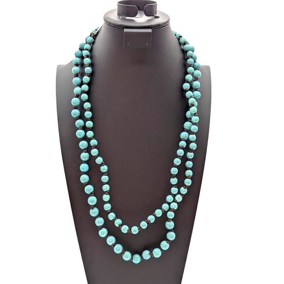 Plunder Design Faux Turquoise Acrylic Bead Knotted Long Strand 60" Necklace - Picture 1 of 3